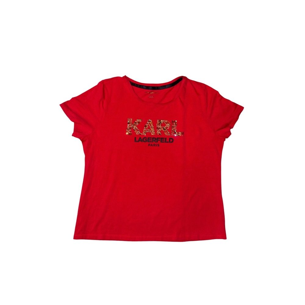 Karl Lagerfeld Paris Graphic Tee Womens XL Red Embellished Logo T-Shirt